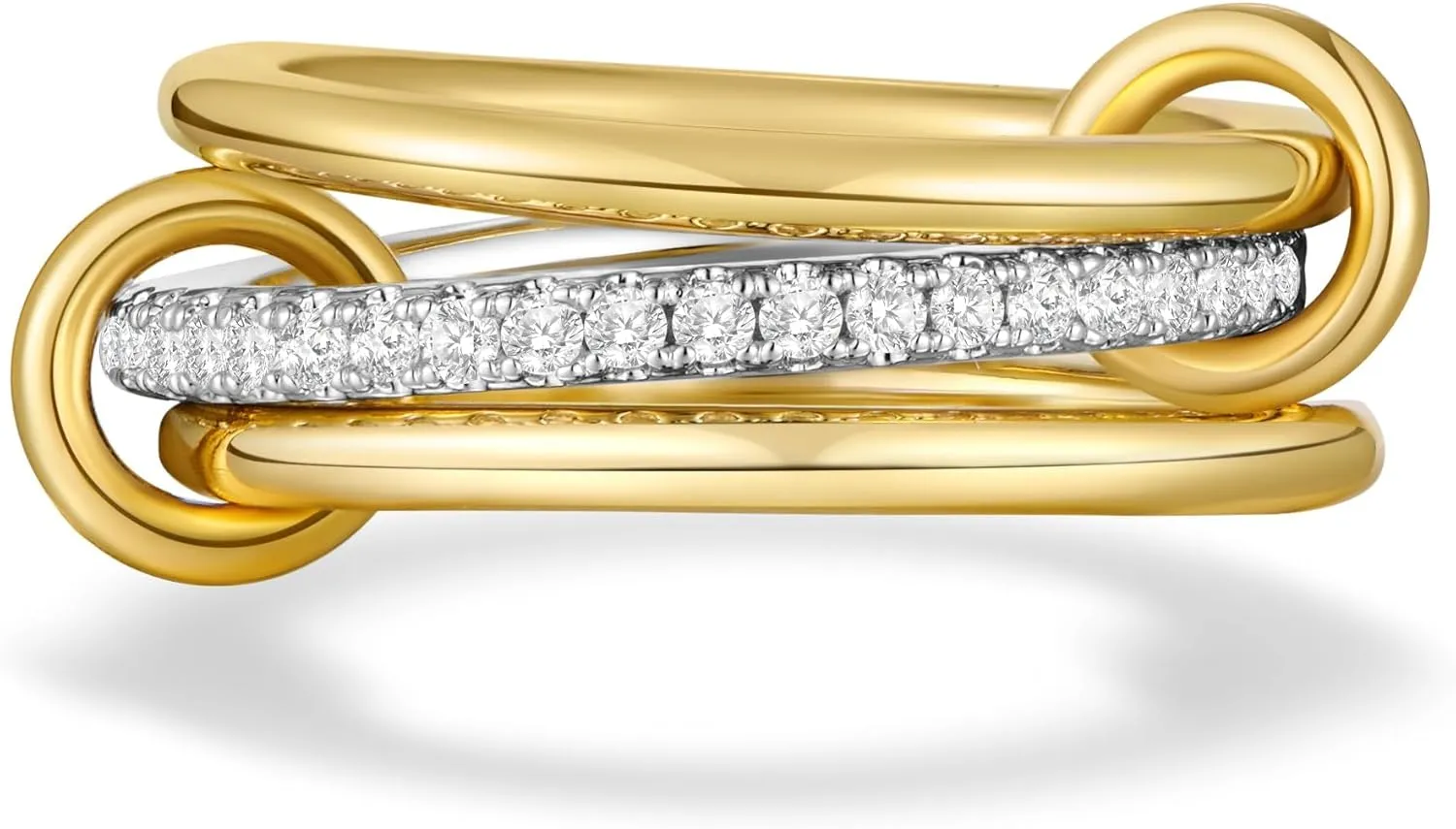 14K Gold Plated Stackable Rings,3 CZ Cubic Zirconia Ring Set,Silver & Gold Stacking Rings, Multi-Link Connected,Statement Interlocking Band for Women, Hypoallergenic, Non Tarnish wedding ring