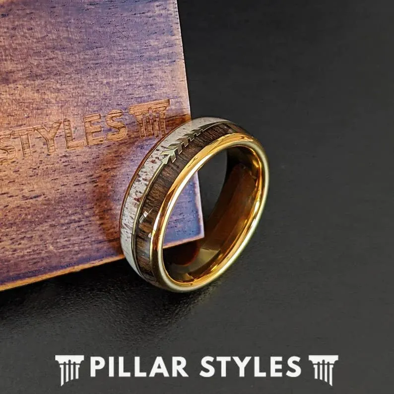 14K Gold Ring Mens Antler Wedding Band with Koa Wood and Arrow Inlay 8mm Tungsten Deer Antler Rings for Men Rustic Wooden Boho Anniversary Gifts