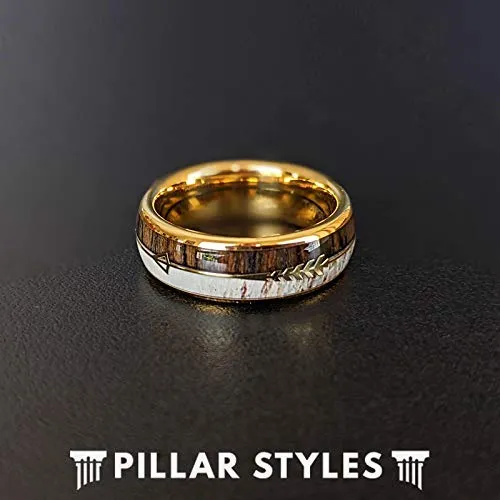 14K Gold Ring Mens Antler Wedding Band with Koa Wood and Arrow Inlay 8mm Tungsten Deer Antler Rings for Men Rustic Wooden Boho Anniversary Gifts