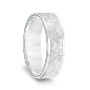 14k White Gold Hammered Finish Men’s Wedding Ring with Double Milgrain Polished Edges - 6.5mm