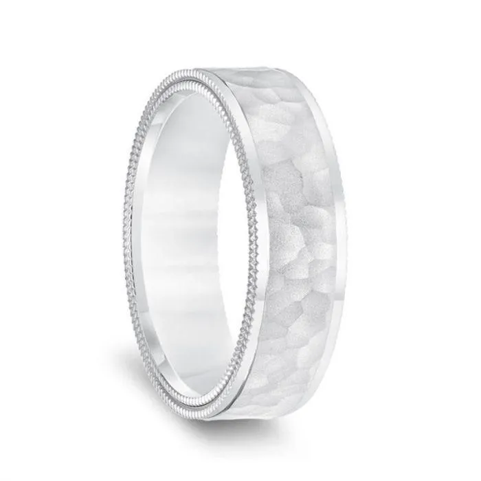 14k White Gold Hammered Finish Men’s Wedding Ring with Double Milgrain Polished Edges - 6.5mm