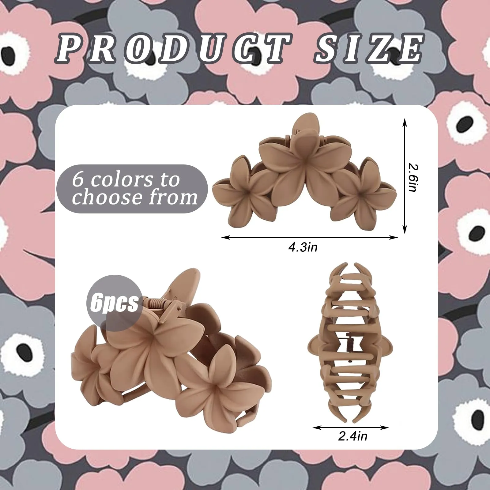 6PCS Flower Hair Clips for Women, Non-Slip Matte Hawaiian Plumeria Large Claws Clips with Strong Hold, Cute Beach Hair Accessories