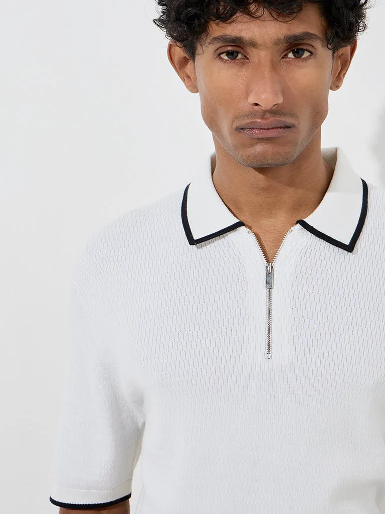Ascot White Knitted Quarter Zip Cotton-Blend Polo T-Shirt