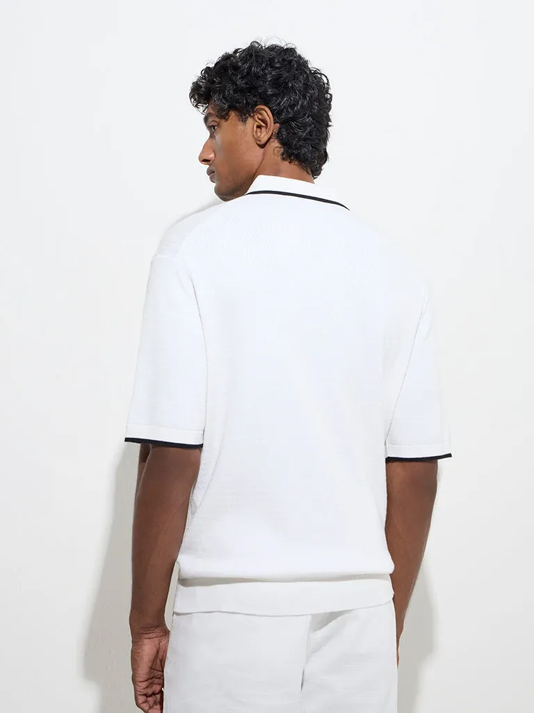 Ascot White Knitted Quarter Zip Cotton-Blend Polo T-Shirt
