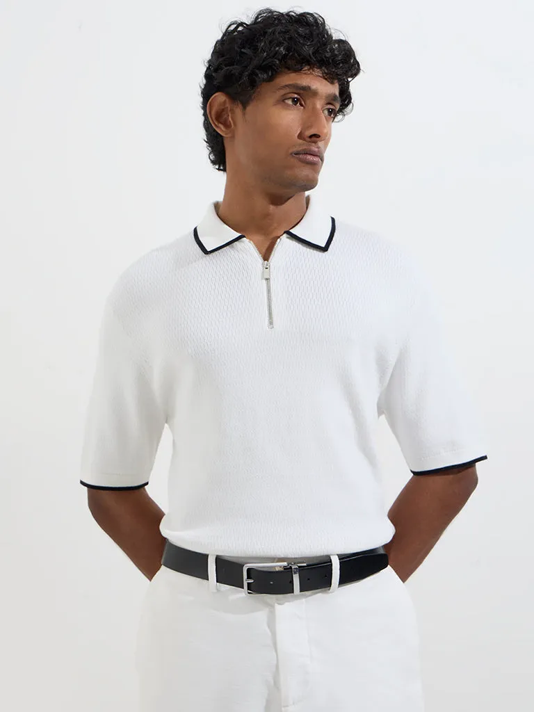 Ascot White Knitted Quarter Zip Cotton-Blend Polo T-Shirt