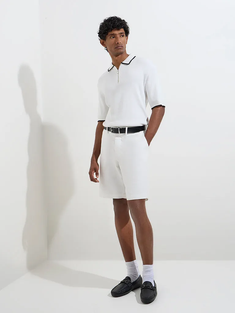 Ascot White Knitted Quarter Zip Cotton-Blend Polo T-Shirt