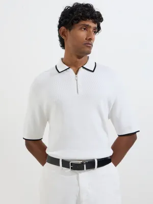Ascot White Knitted Quarter Zip Cotton-Blend Polo T-Shirt