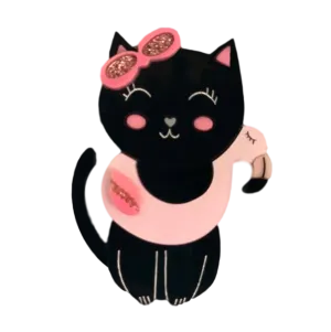 Black Kitty Pink flamingo - Brooch