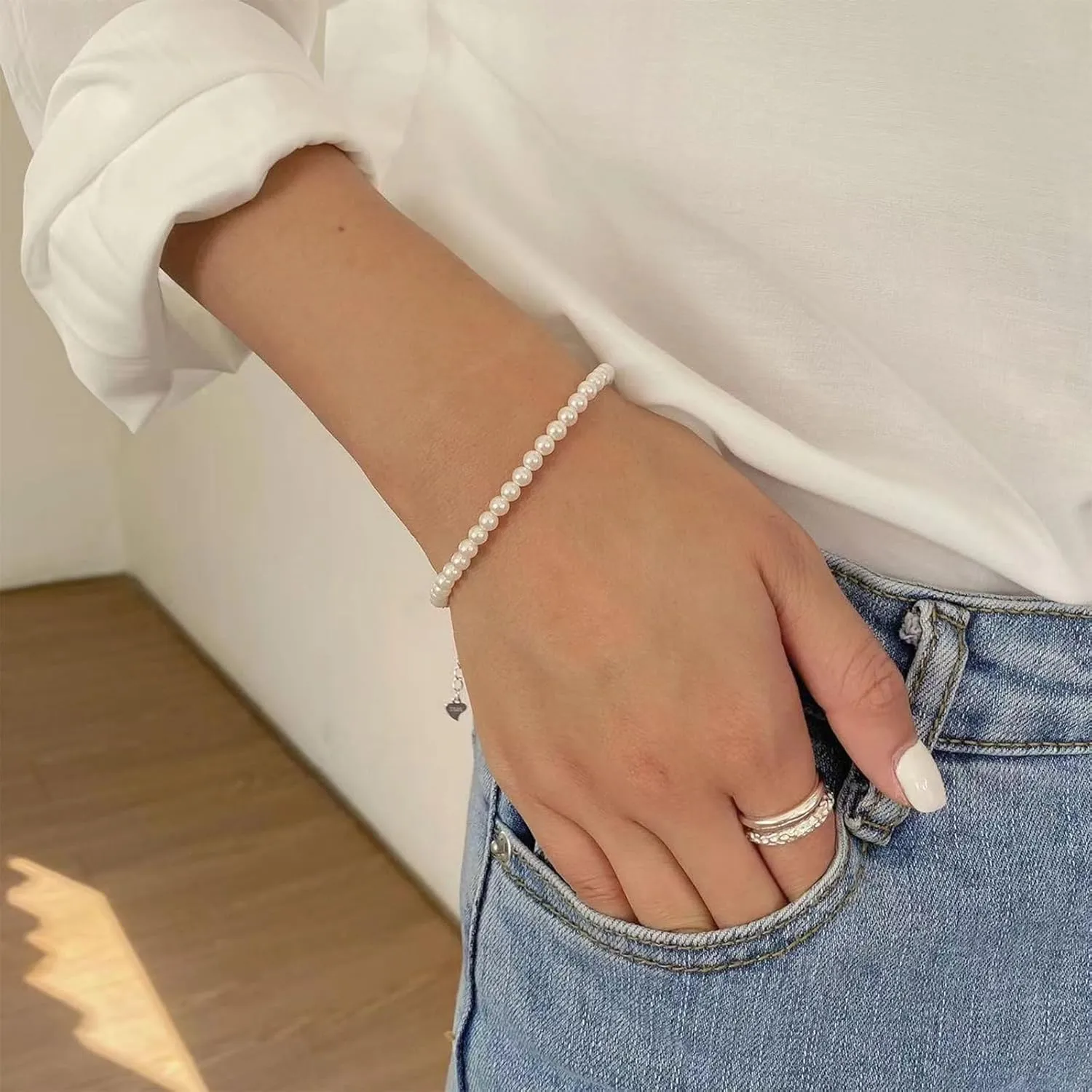Dainty Pearl Bracelets for Women - Stackable Gold Pearl Jewelry for Prom, Bridesmaid, Wedding Dress Accessories & Gifts