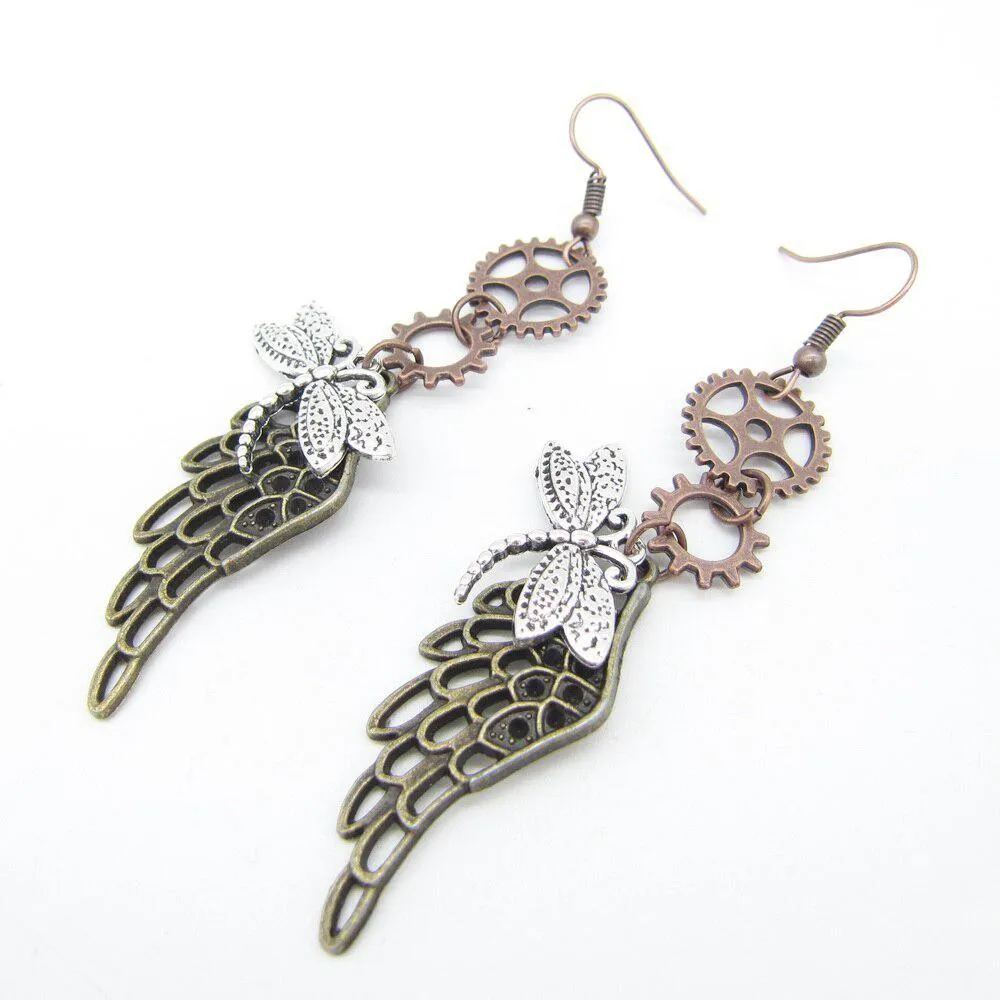 Dragonfly and Wing Vintage Steampunk Dangle Earrings