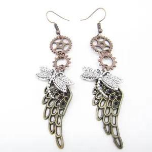 Dragonfly and Wing Vintage Steampunk Dangle Earrings