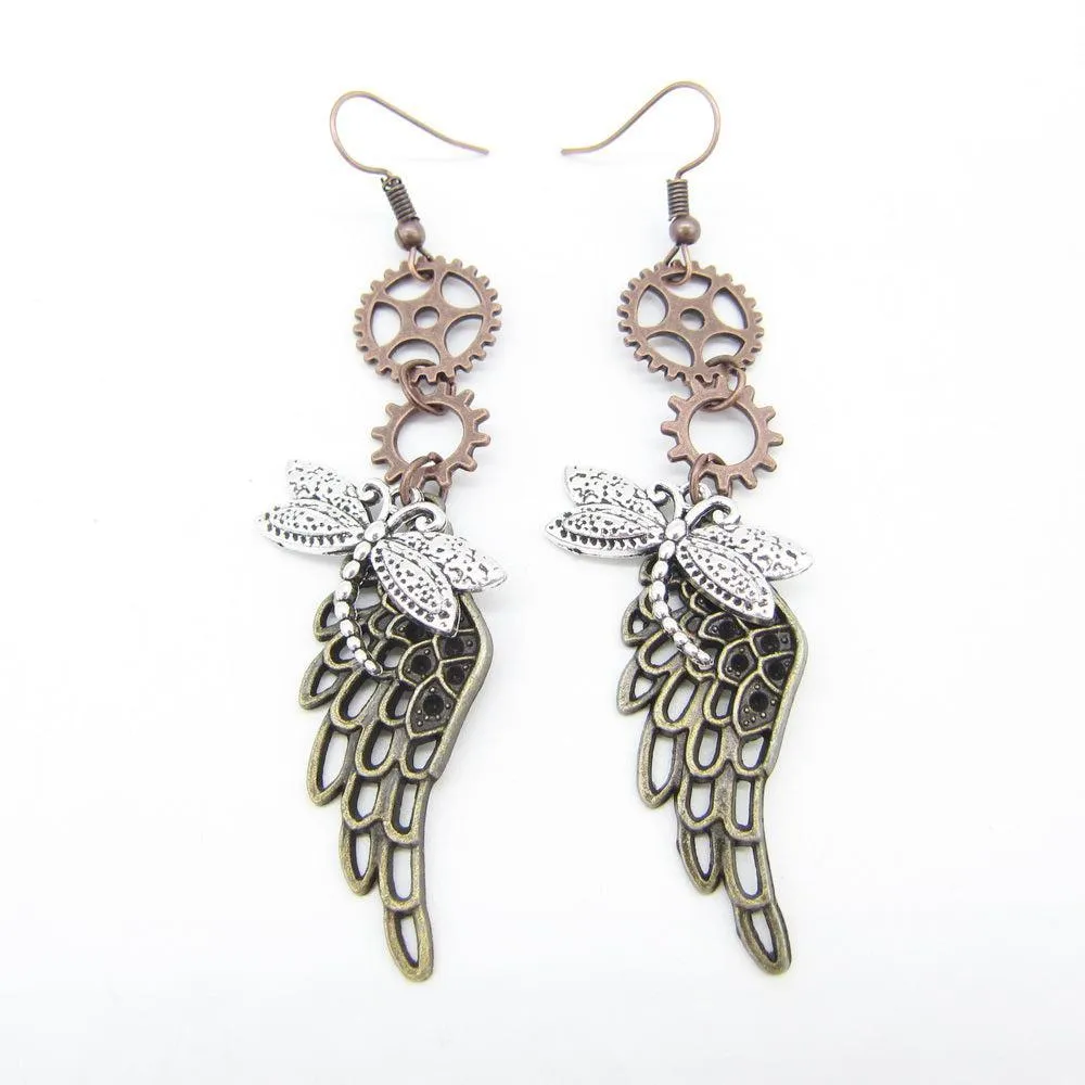 Dragonfly and Wing Vintage Steampunk Dangle Earrings