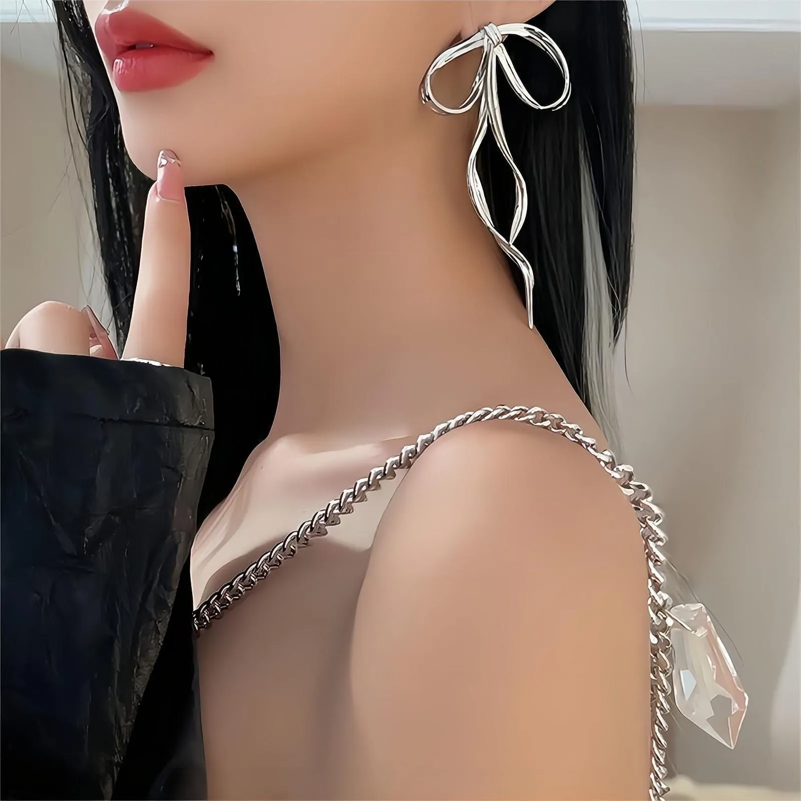 Elegant Sliver Ribbon Dangle Earrings