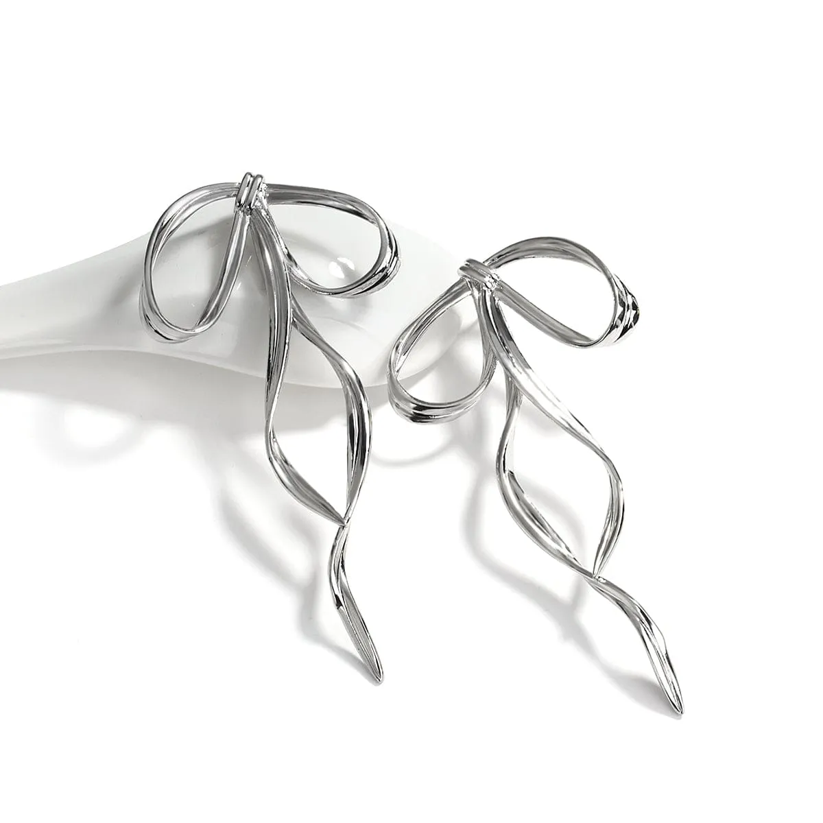 Elegant Sliver Ribbon Dangle Earrings