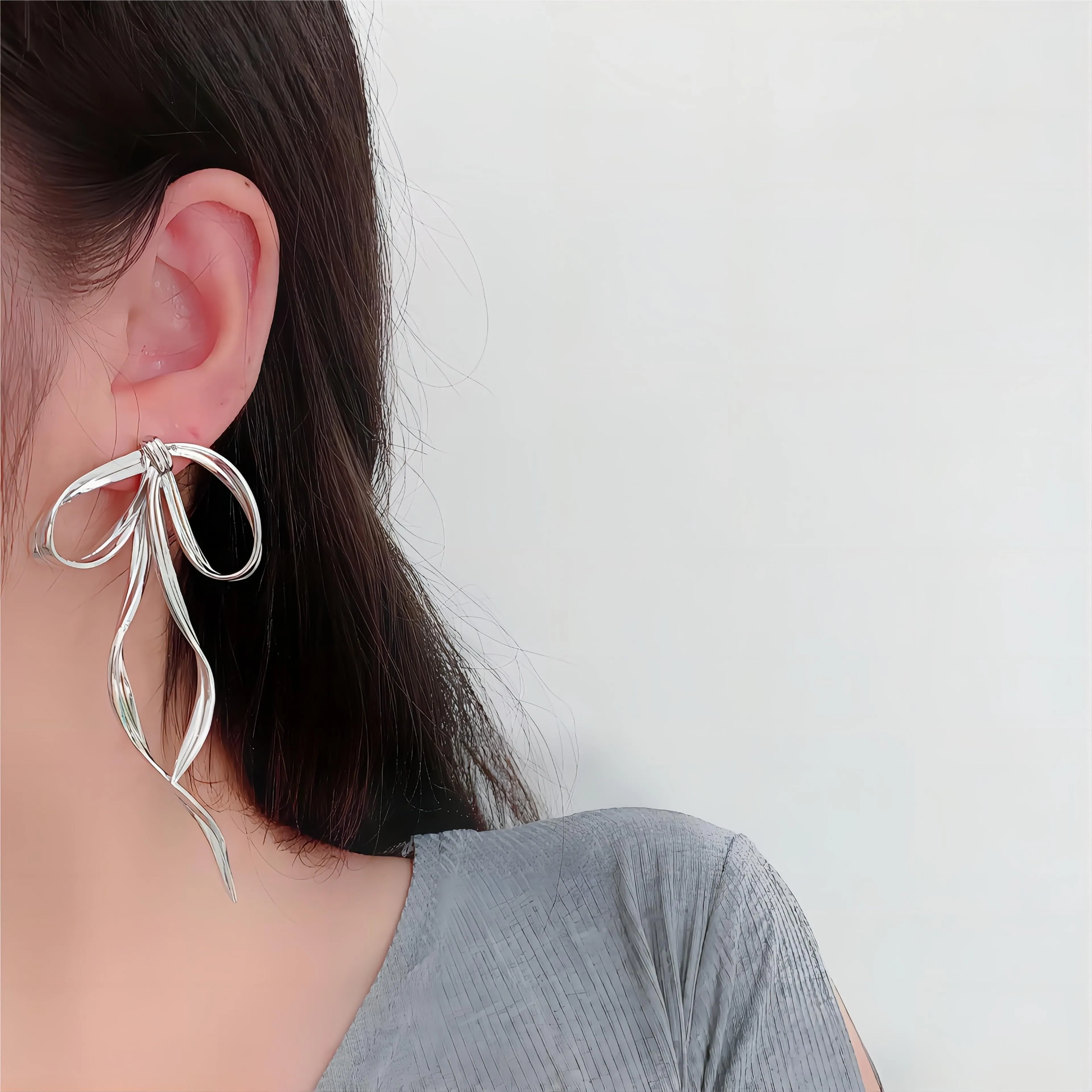 Elegant Sliver Ribbon Dangle Earrings