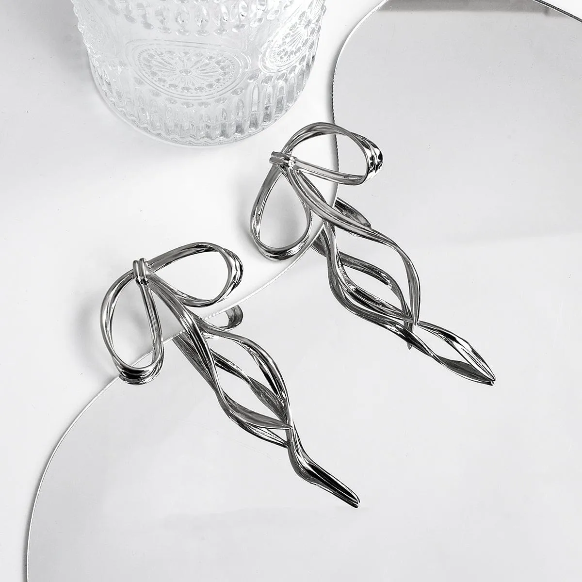 Elegant Sliver Ribbon Dangle Earrings