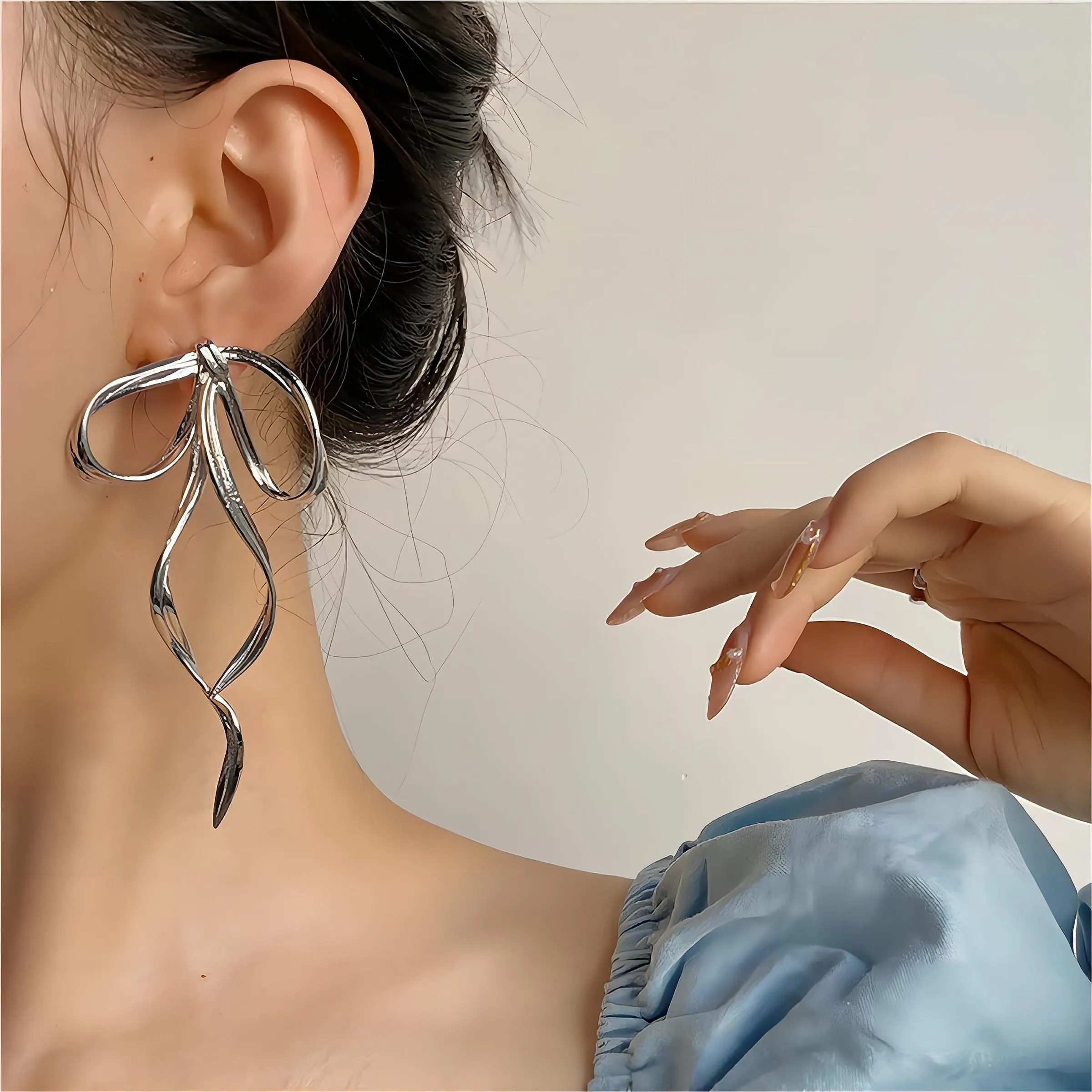 Elegant Sliver Ribbon Dangle Earrings