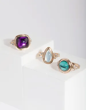 Gold Mix Stone Ring 3 Pack