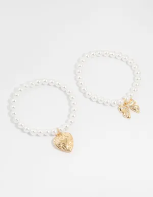 Gold Pearl & Heart Locket Stretch Bracelets 2-Pack