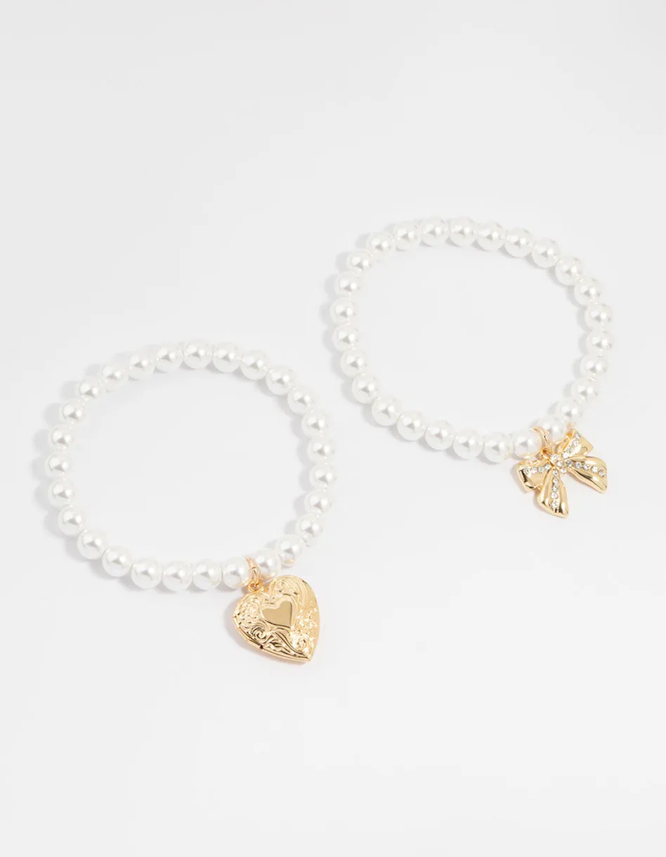 Gold Pearl & Heart Locket Stretch Bracelets 2-Pack