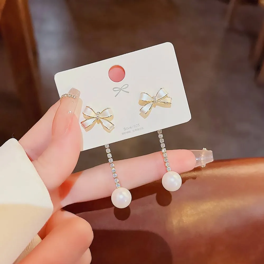 Mini Bow Crystal Chain Bow Tassel Earring