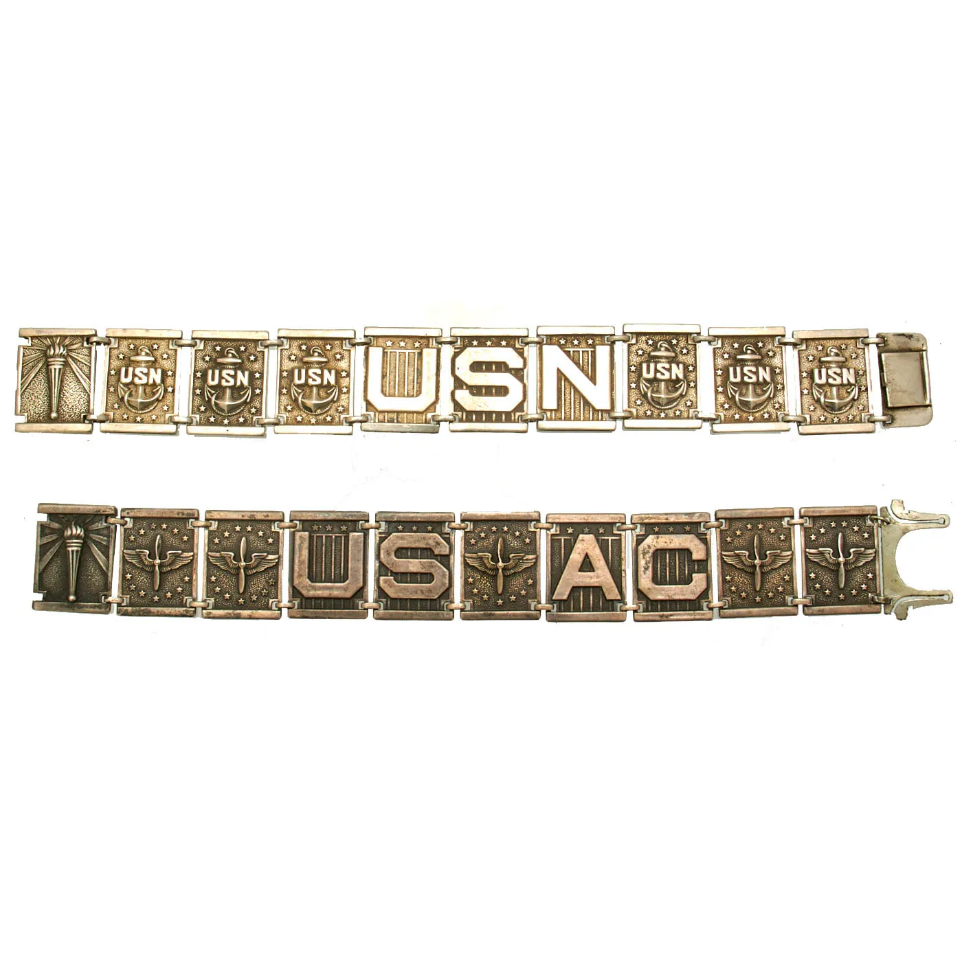 Original U.S. WWII Sterling Silver Sweetheart Bracelet Lot - US Navy & US Army Air Corps - 2 Bracelets