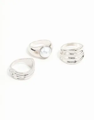 Silver Chunky Ridge & Pearl Rings 3-Pack