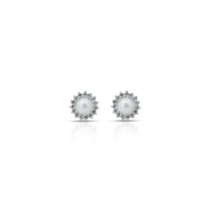 Silver Small CZ Stone on Edge Flower Design Earrings for Girls