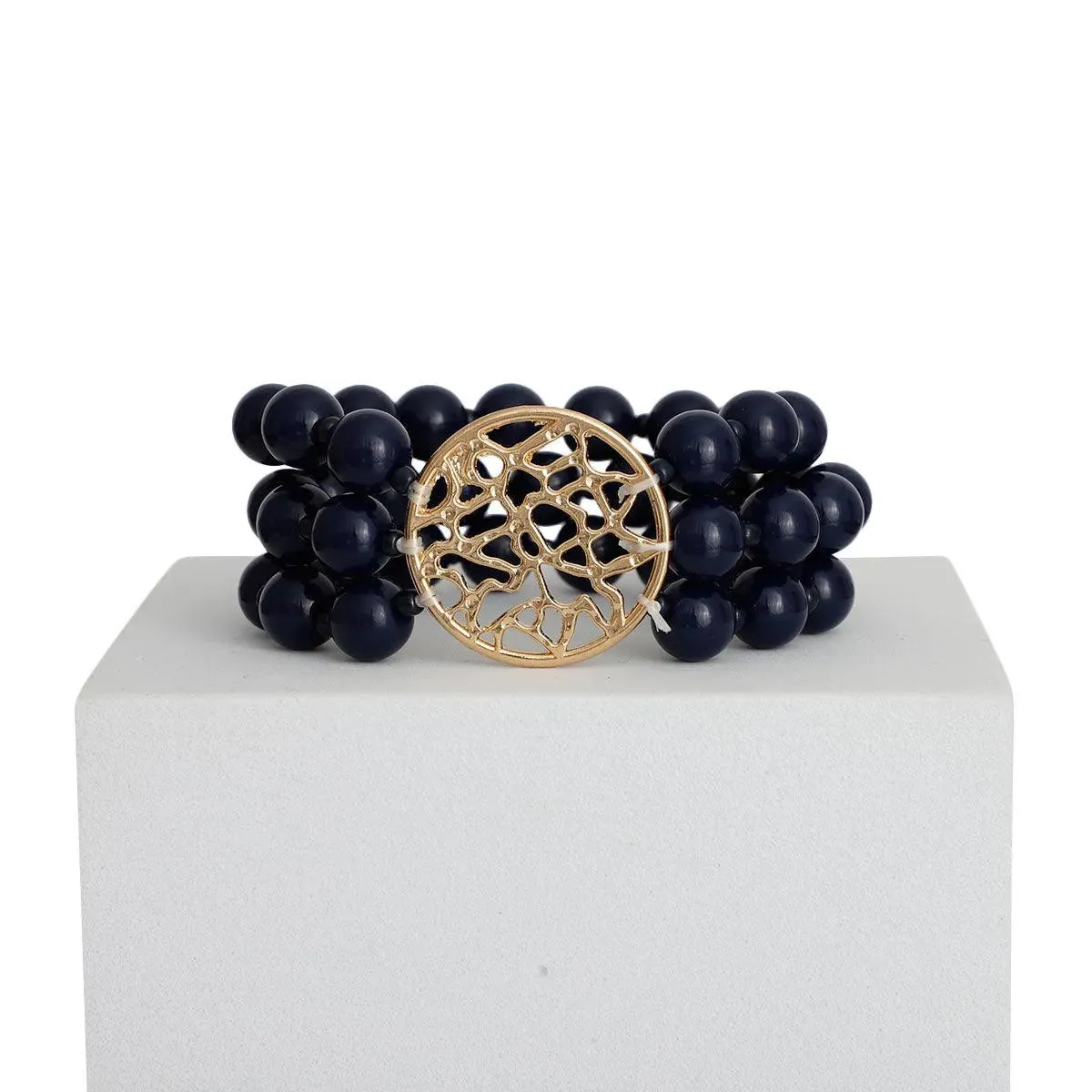 Women's Navy Beaded Bracelet and Gold Medallion: Unleash Your Glamour